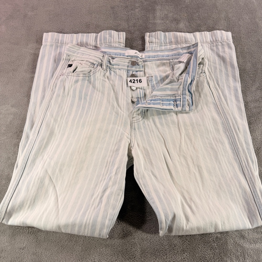 Kancan Jeans Women 13 /30 Blue White Striped High Rise Wide Leg Button Fly Denim